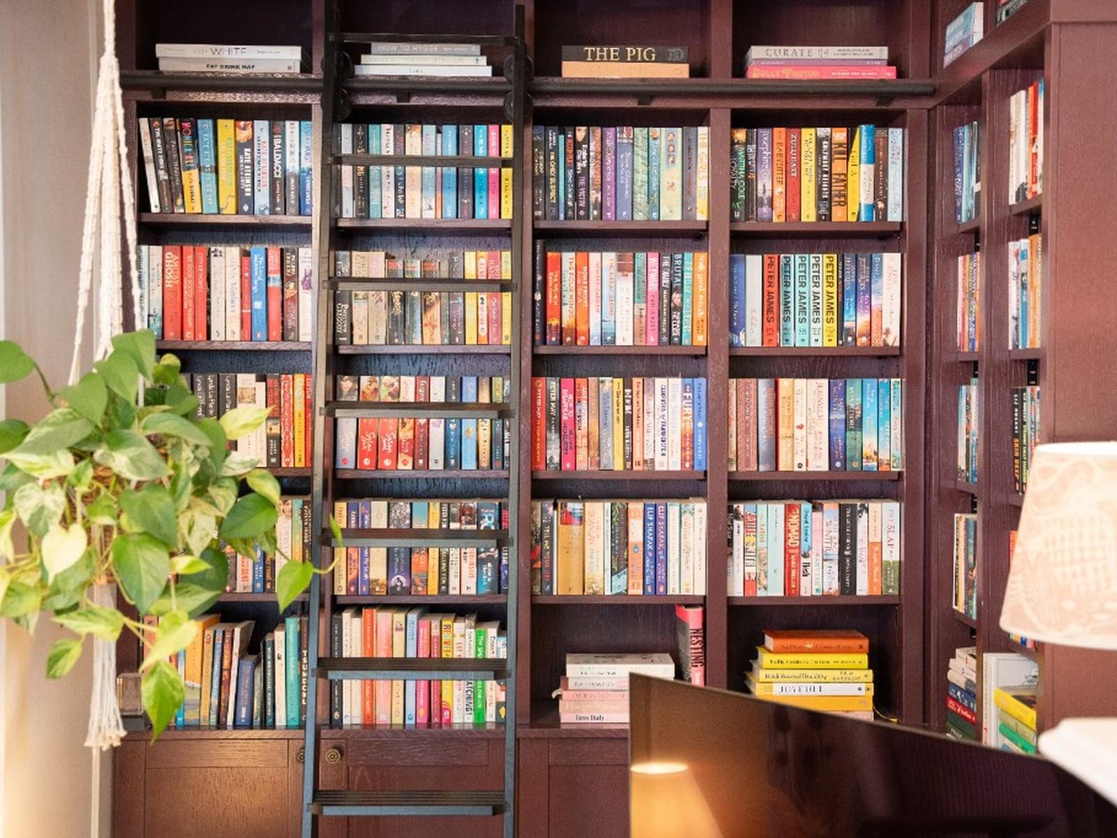 Floor-to-ceiling plum painted bookcase with open shelves, closed cabinets below and a black library ladder